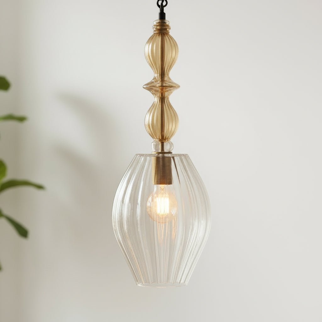 Artisan Ribbed Glass Pendant Light with Vintage Brass Detailing