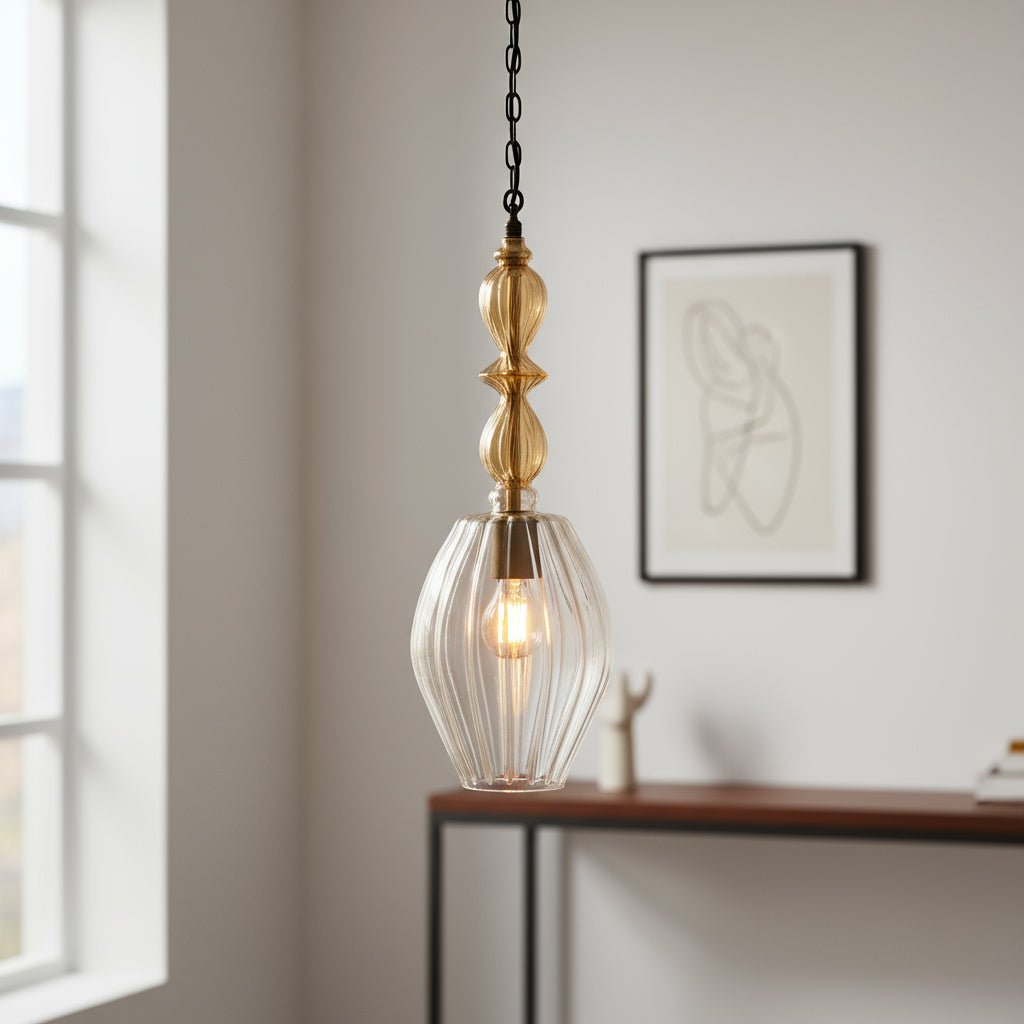 Artisan Ribbed Glass Pendant Light with Vintage Brass Detailing