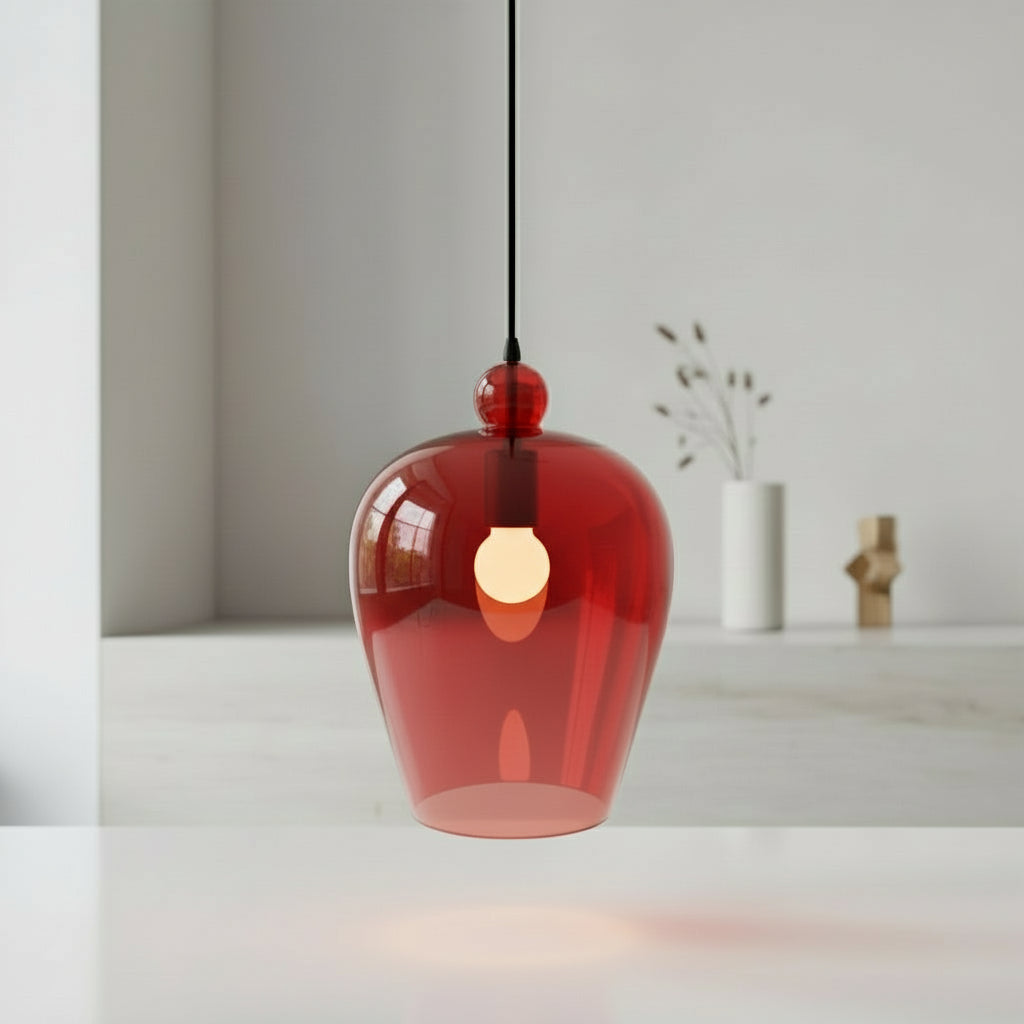 Modern Red Blown Glass Pendant Light - Les Trois Pyramides 