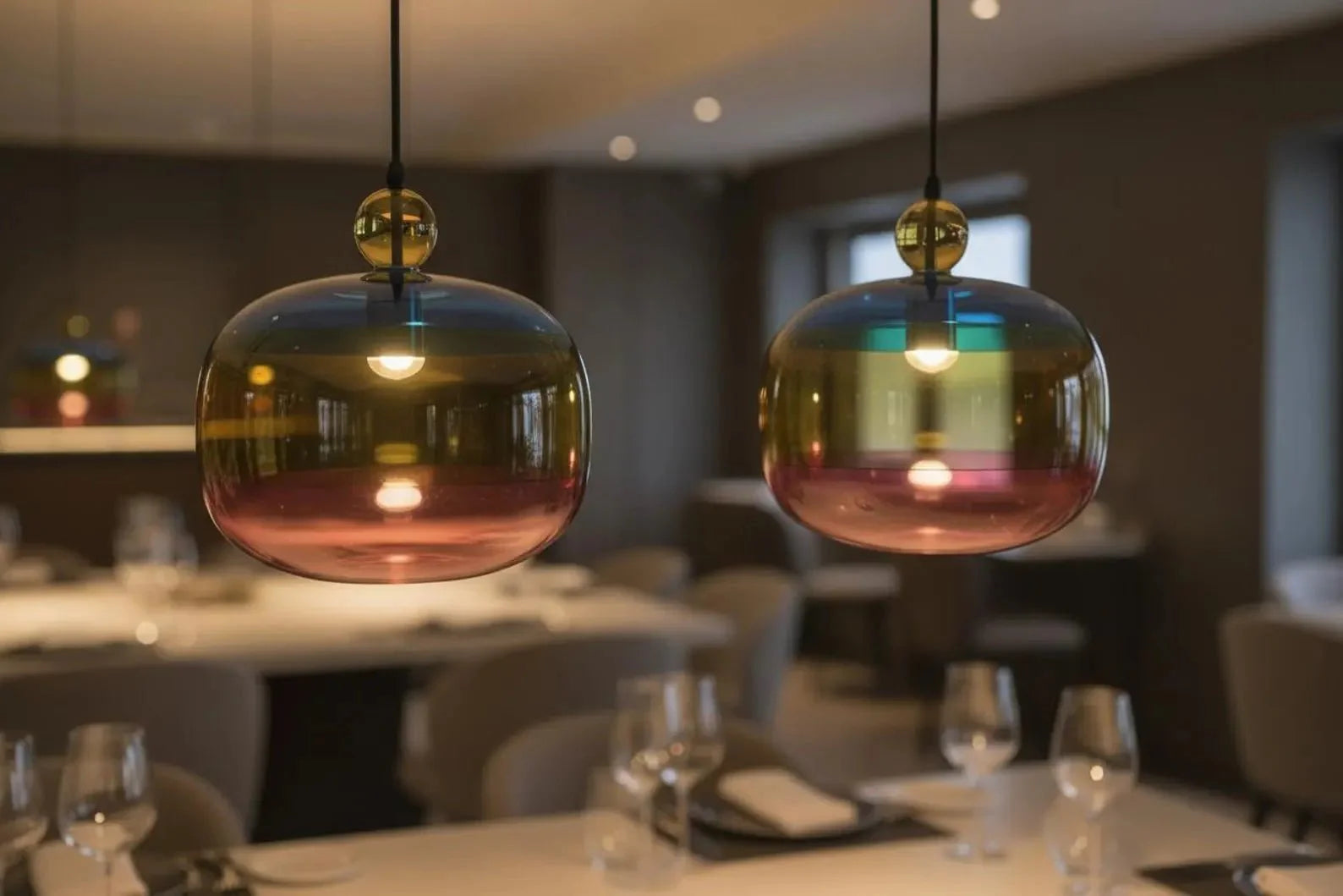 Colorful pendant lights hanging above a dining table in a restaurant setting.