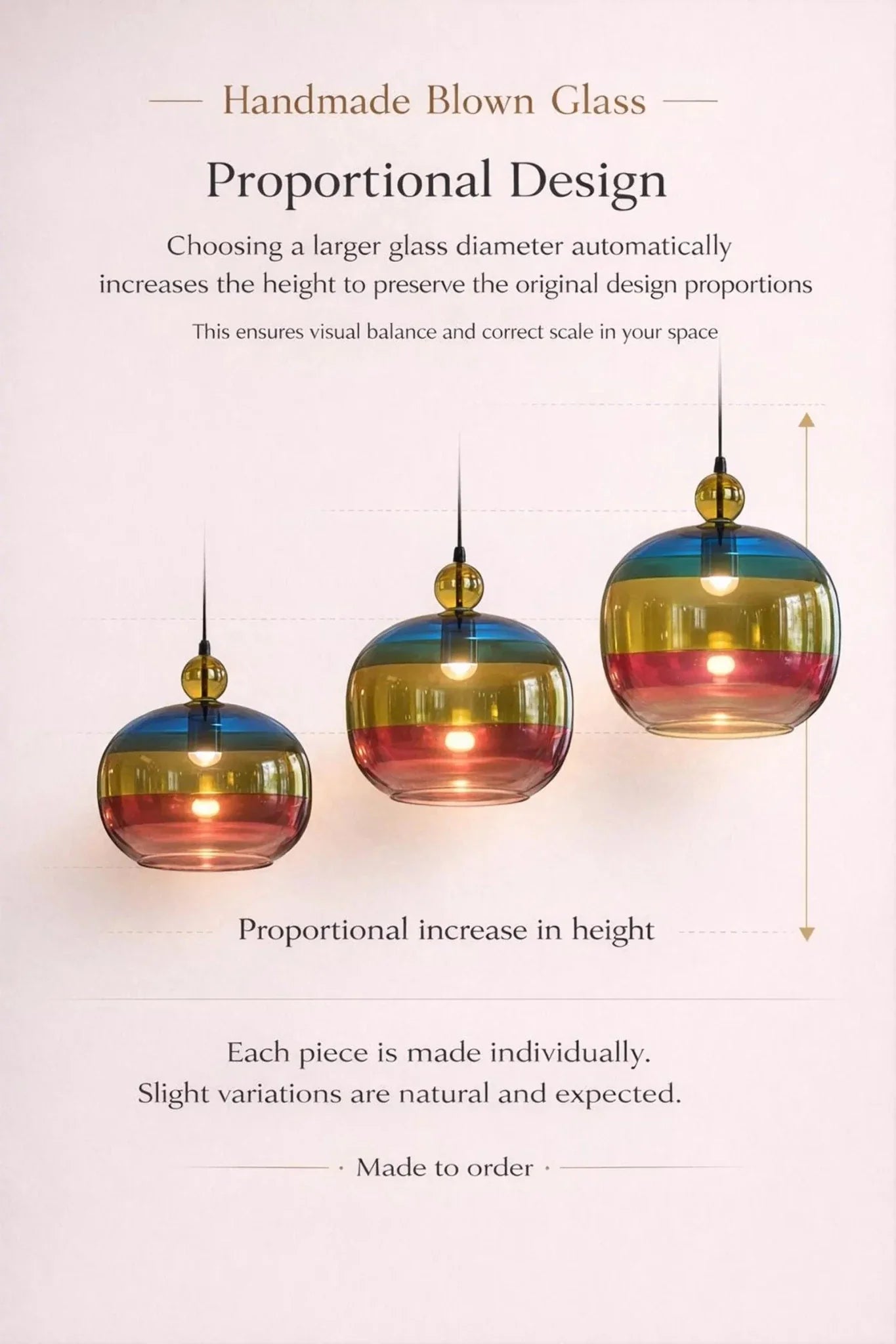 Three colorful glass pendant lights with text about proportional design and handmade nature