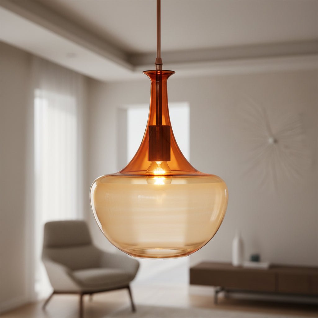 Handmade Orange Blown Glass Pendant Light – Modern Tall Neck Ceiling Lamp | Les Trois Pyramides