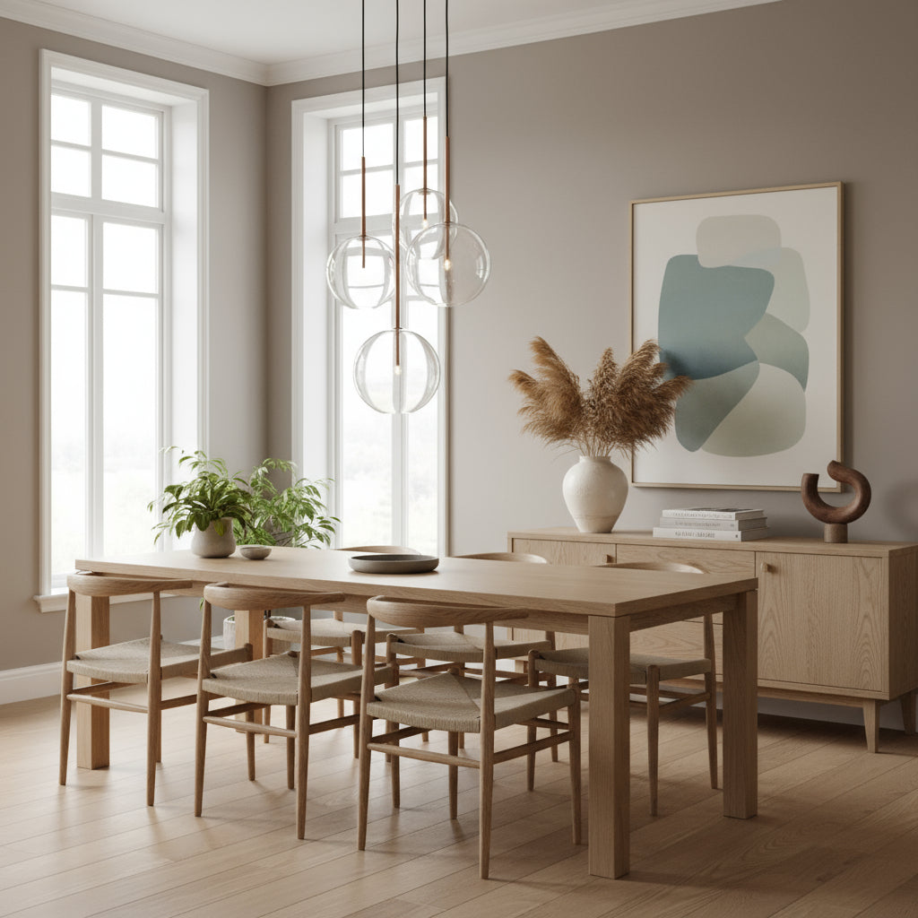 A set of four spherical pendant lights made of hand-blown glass with brass-finished rods, hanging in a semi-opaque finish that allows light to pass through creating a soft glow.