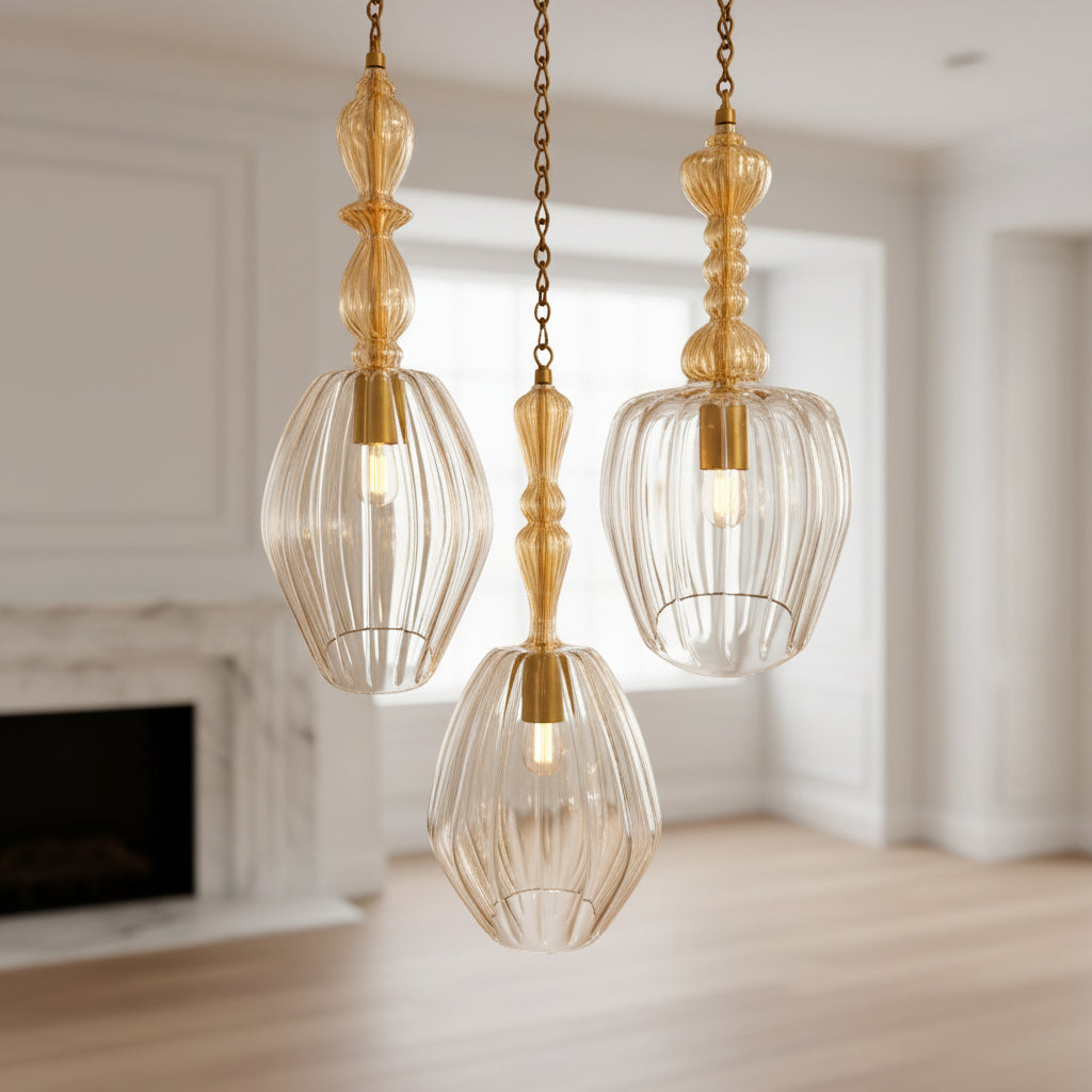 Set of Three Soft Gold and Crystal Hand Blown Glass Pendant Lights - Les Trois Pyramides