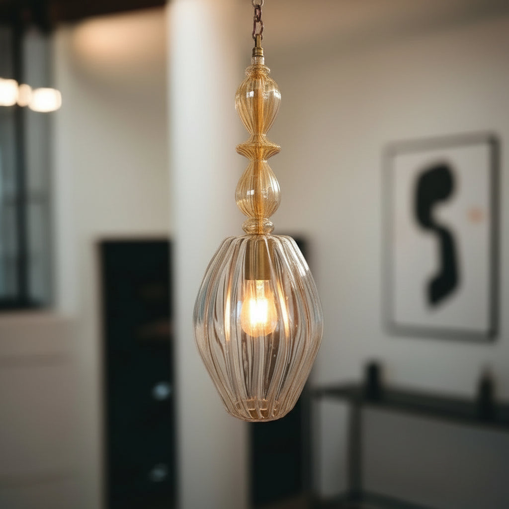Set of Three Soft Gold and Crystal Hand Blown Glass Pendant Lights - Les Trois Pyramides