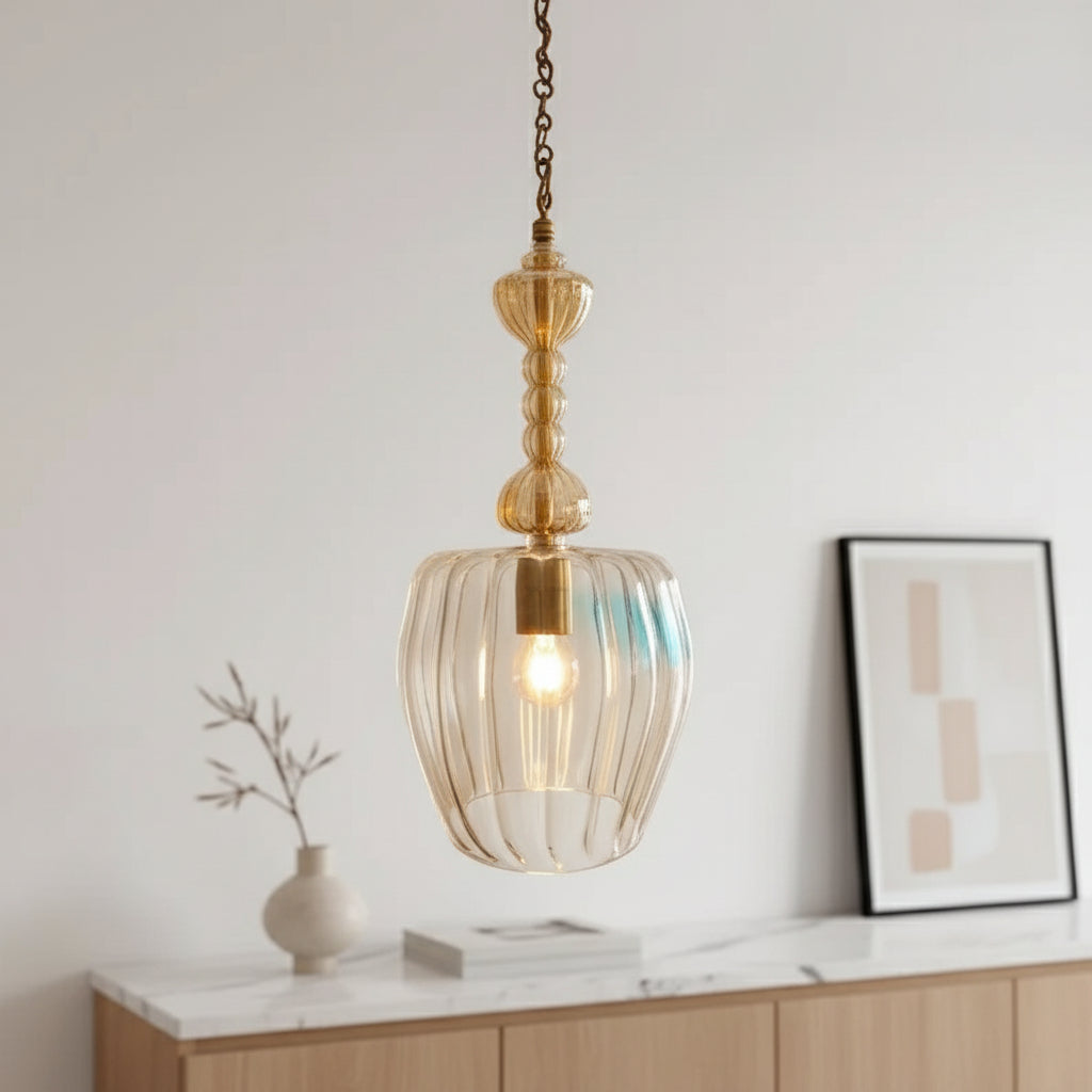 Set of Three Soft Gold and Crystal Hand Blown Glass Pendant Lights - Les Trois Pyramides