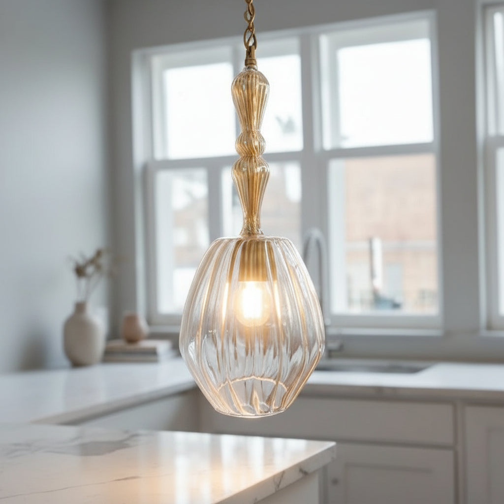 Set of Three Soft Gold and Crystal Hand Blown Glass Pendant Lights - Les Trois Pyramides