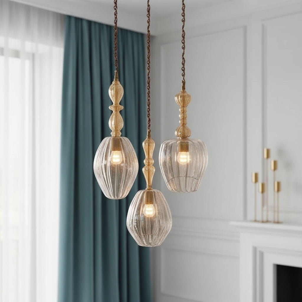 Set of Three Soft Gold and Crystal Hand Blown Glass Pendant Lights - Les Trois Pyramides