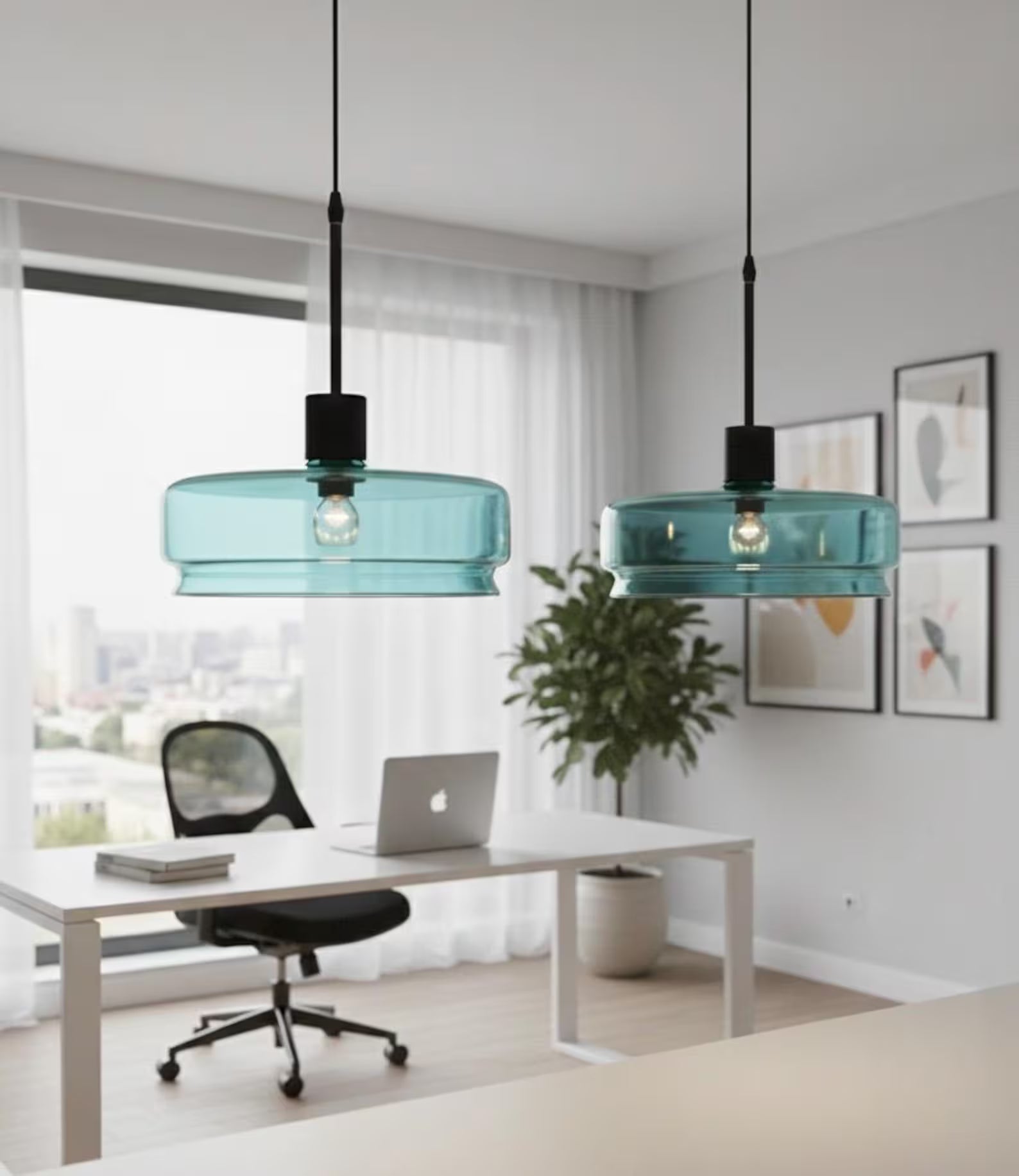 Teal Glass Pendant Light – Artisan Blown Glass Hanging Fixture  – Les Trois Pyramides.