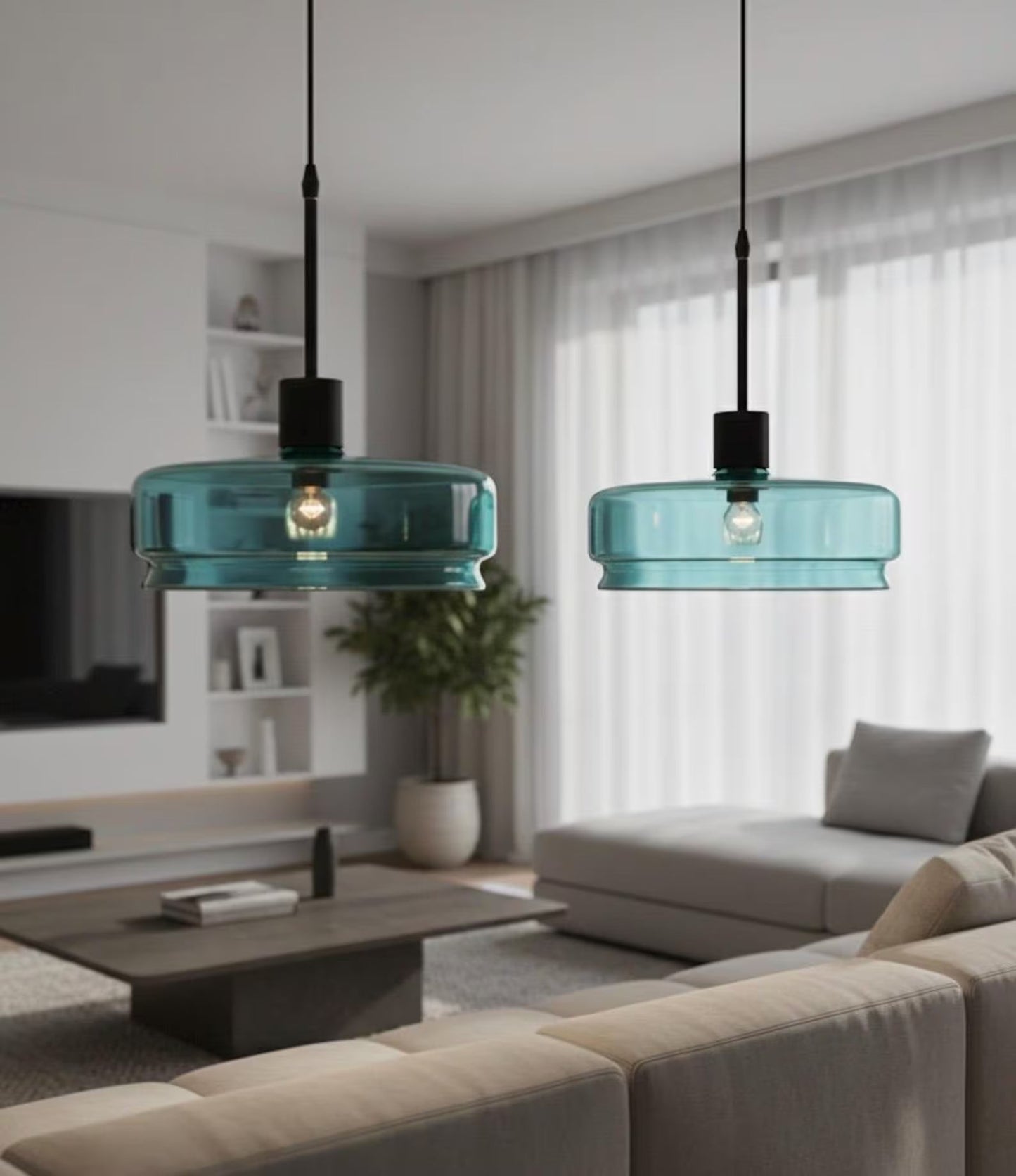 Teal Glass Pendant Light – Artisan Blown Glass Hanging Fixture  – Les Trois Pyramides.