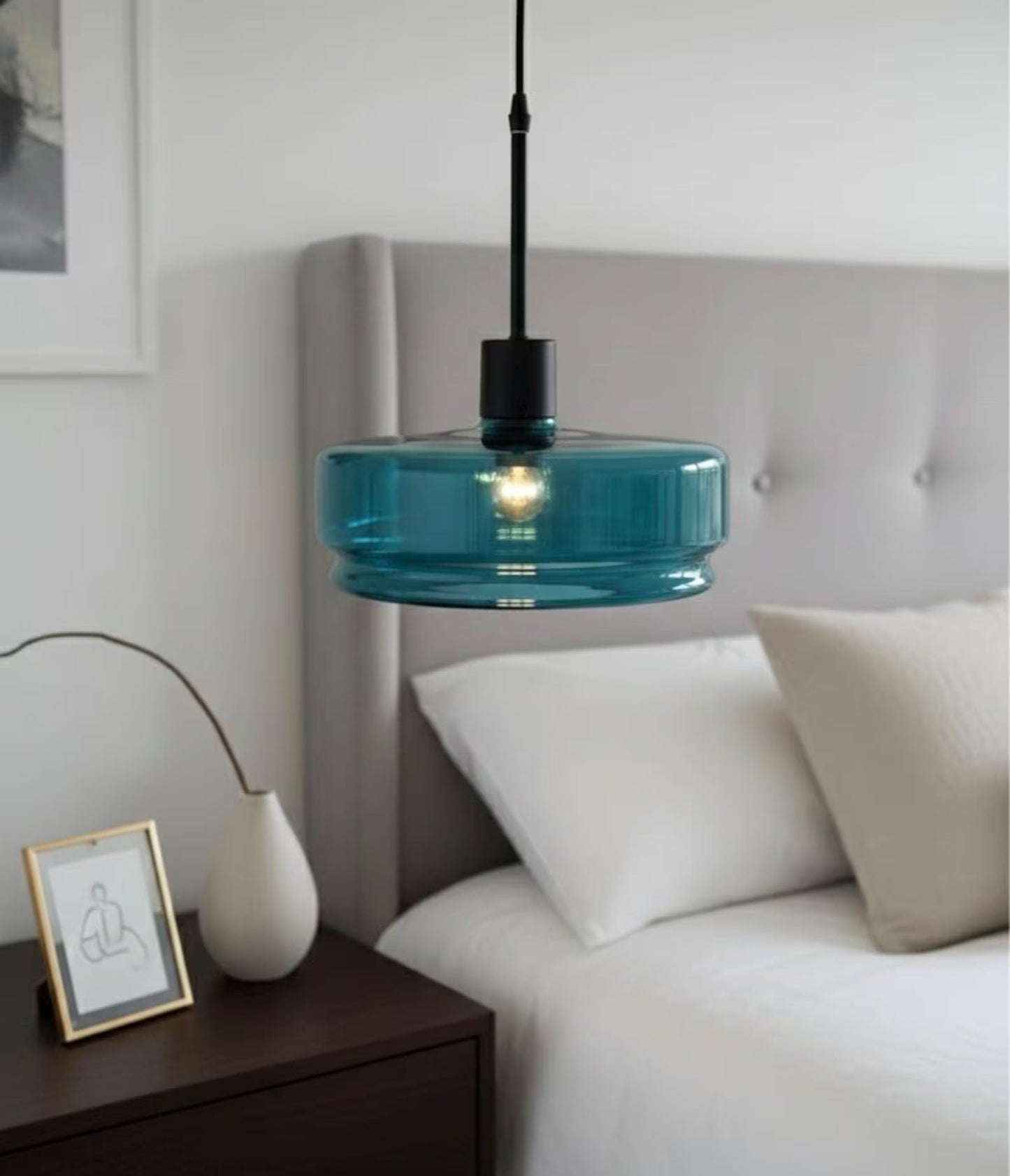 Teal Glass Pendant Light – Artisan Blown Glass Hanging Fixture  – Les Trois Pyramides.