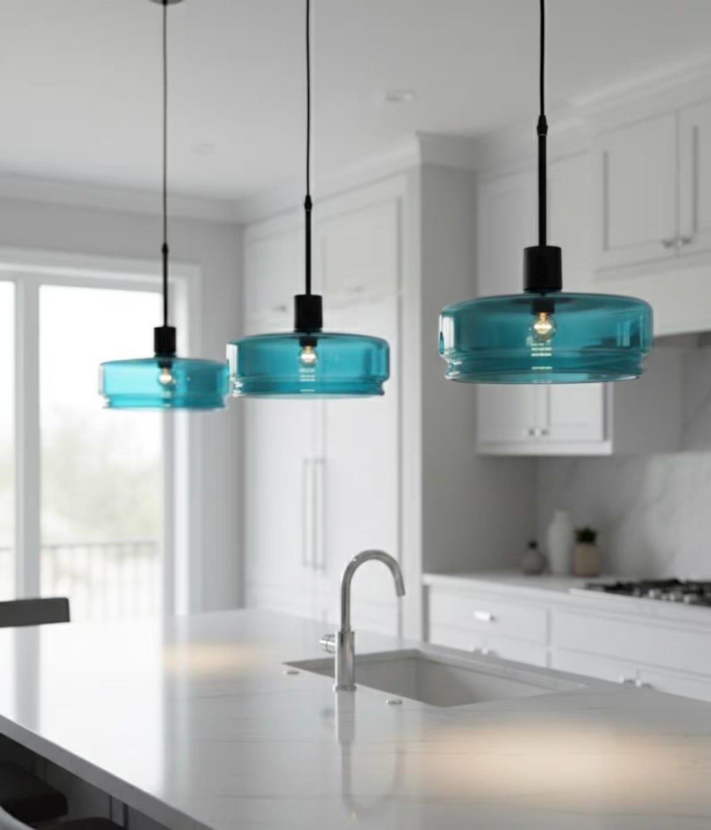 Three blue pendant lights hanging above a kitchen counter.
