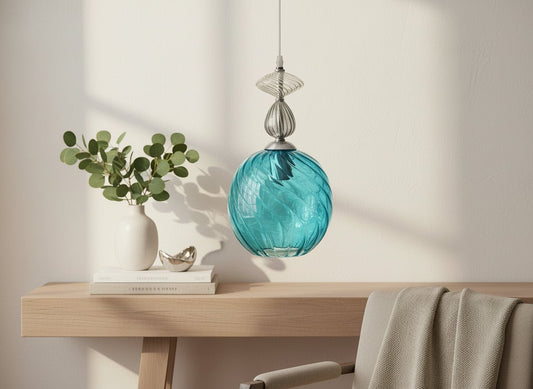 Turquoise Glass Globe light | pendant lights for Living room | hanging lights for home decor | light fixture for room decor | Ribbed Glass - Les Trois Pyramides.
