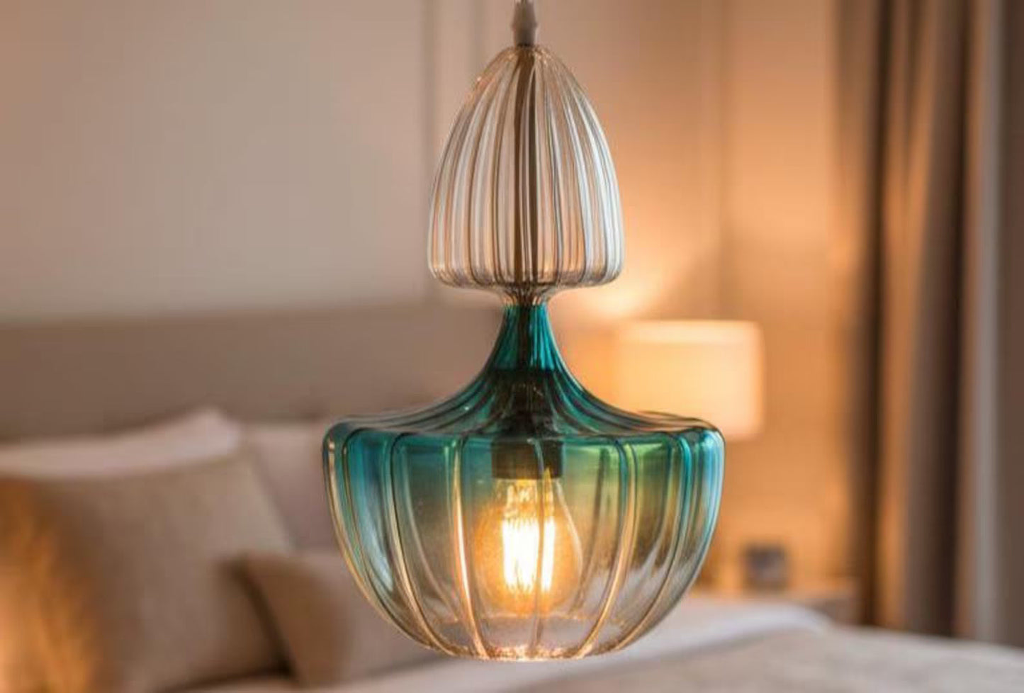 Turquoise Blown Glass Pendant Light | Modern Hanging Lamp | Les Trois Pyramides.