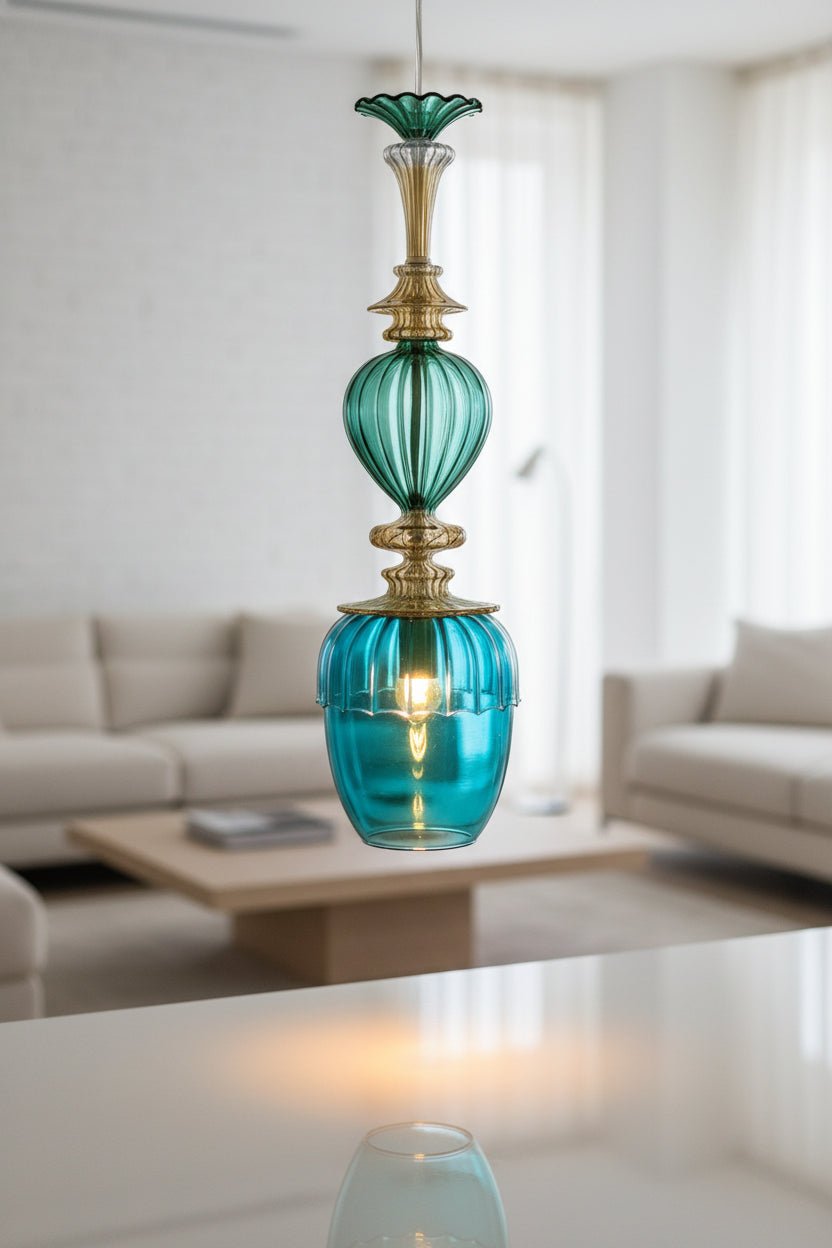 Hand-Blown Aqua & Green Glass Pendant Light – Elegant Art Glass Hanging Lamp with Brass Details