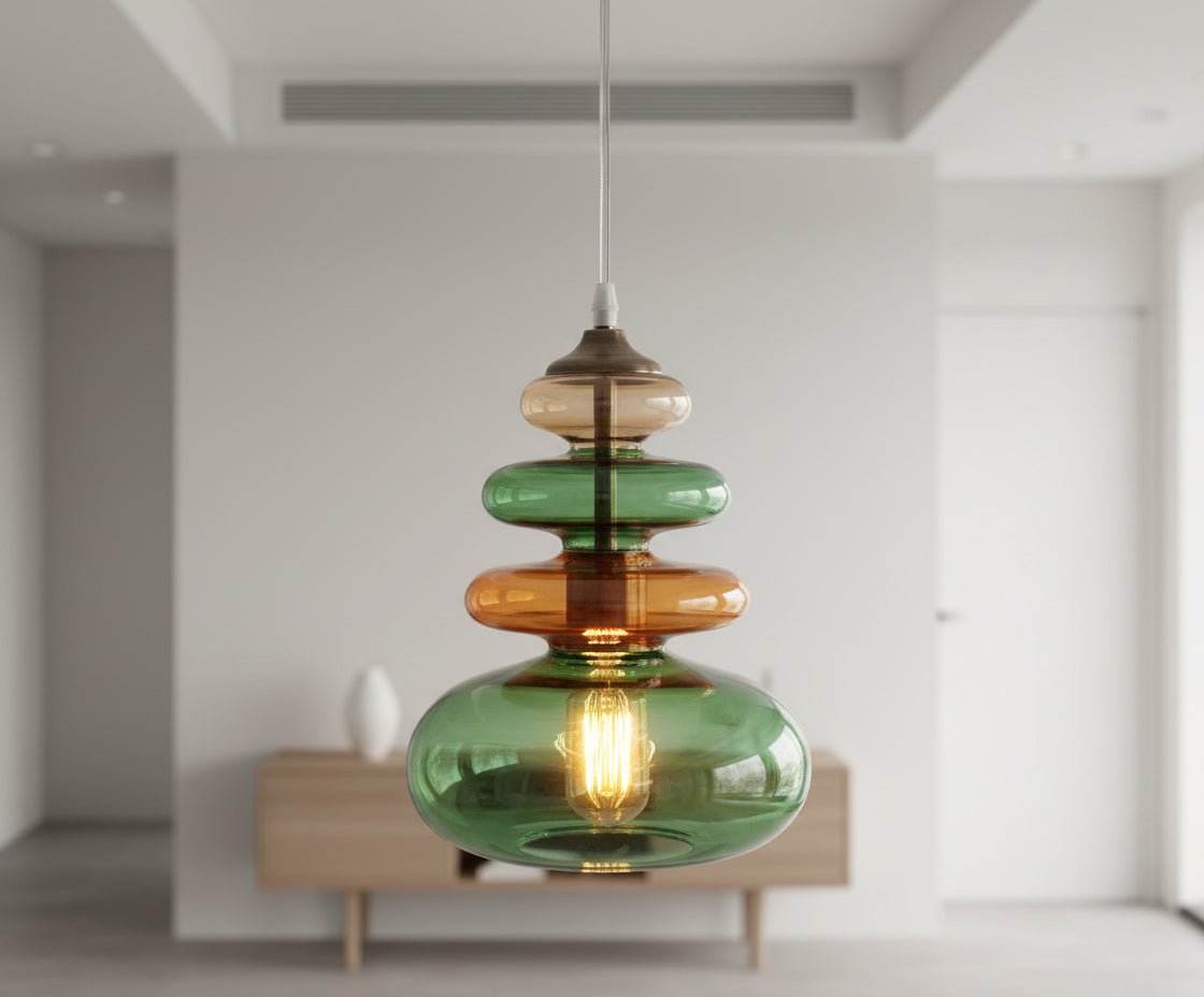 Hand-Blown Multi-Color Glass Pendant Light, Green Amber Modern Hanging Lamp | Les Trois Pyramides