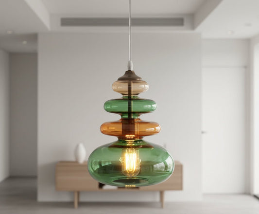 Hand-Blown Multi-Color Glass Pendant Light, Green Amber Modern Hanging Lamp | Les Trois Pyramides