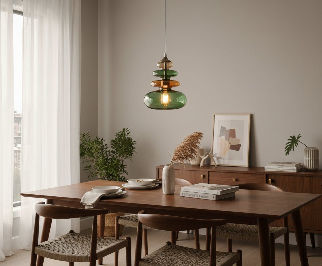 Hand-Blown Multi-Color Glass Pendant Light, Green Amber Modern Hanging Lamp | Les Trois Pyramides