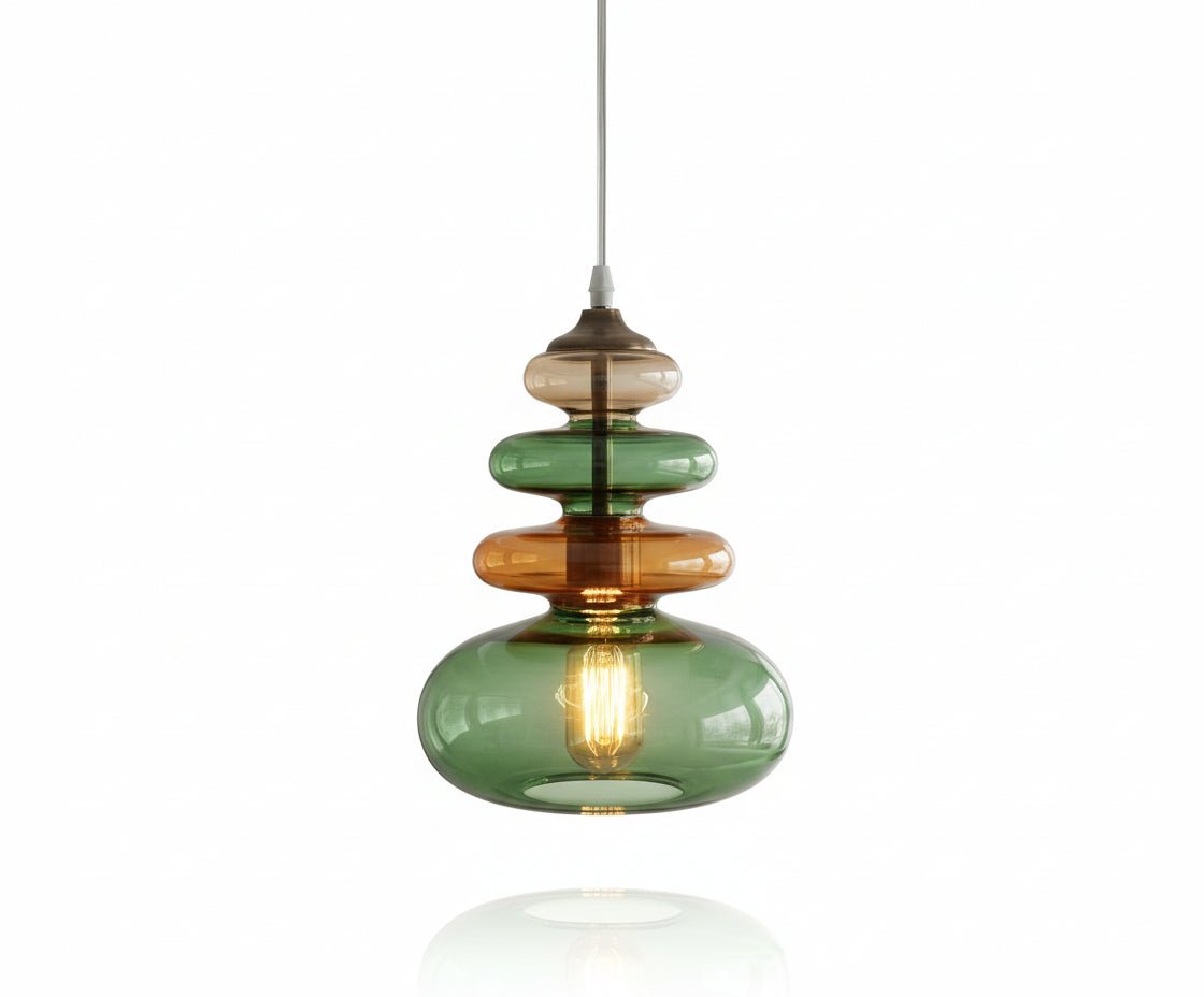 Hand-Blown Multi-Color Glass Pendant Light, Green Amber Modern Hanging Lamp | Les Trois Pyramides